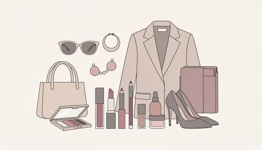 Assorted ColourPop makeup products styled with a fashion accessory in a studio still life