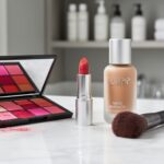 Close-up of colorful makeup products on a white marble vanity, including an open eyeshadow palette, a creamy lipstick, and a tinted moisturizer bottle.
