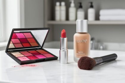 Close-up of colorful makeup products on a white marble vanity, including an open eyeshadow palette, a creamy lipstick, and a tinted moisturizer bottle.