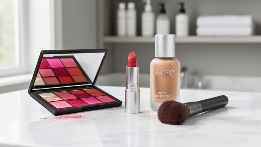 Close-up of colorful makeup products on a white marble vanity, including an open eyeshadow palette, a creamy lipstick, and a tinted moisturizer bottle.