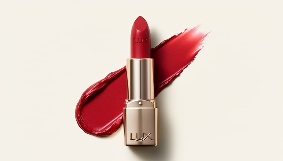 Lux Lipstick bullet held near a mirror with a rosy lip swatch on skin