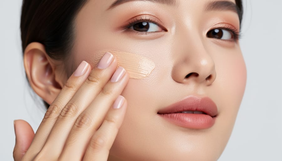 Tinted moisturizer squeezed onto fingertips and tapped onto a model's cheek for a natural finish