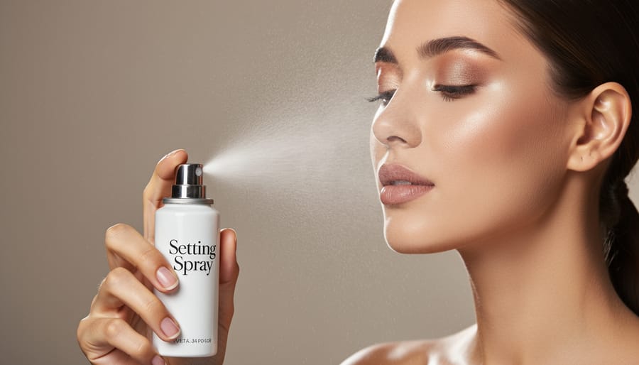 Setting spray mist captured over a model’s finished makeup