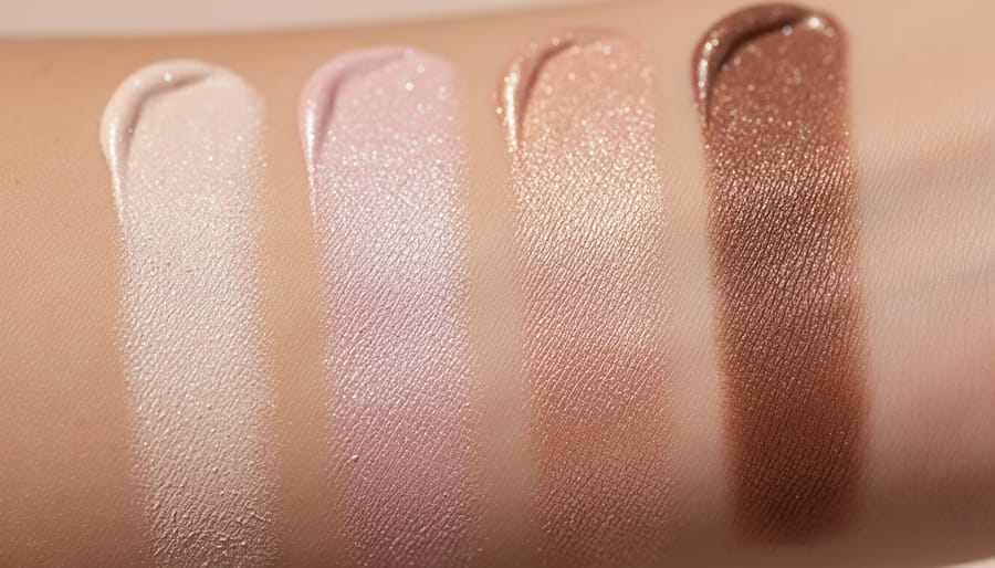 Close-up of Super Shock Shadow palettes and a fingertip swatch blending shimmer on skin