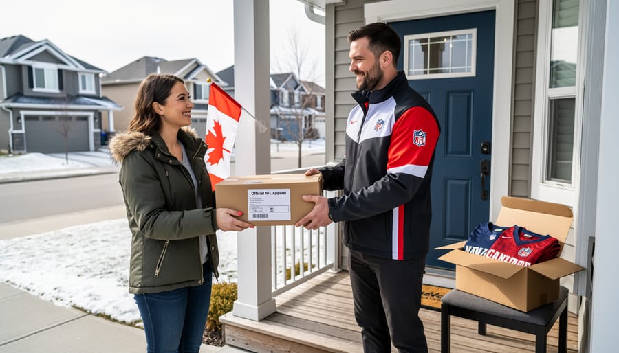 Courier delivering a sealed package on a front porch for a customer expecting NFL apparel