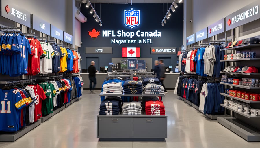 NFL jerseys, hoodies, and hats displayed on a store shelf in a Canadian retail setting