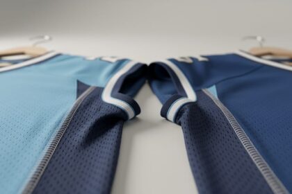 Macro close-up of an NFL-style jersey fabric showing crisp stitching and textured mesh under soft studio lighting.