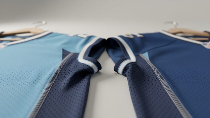 Macro close-up of an NFL-style jersey fabric showing crisp stitching and textured mesh under soft studio lighting.
