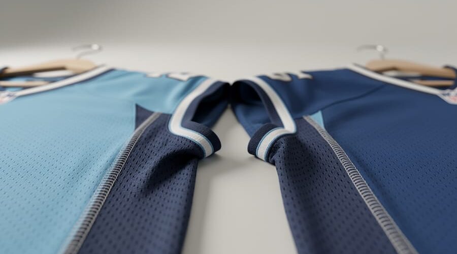 Macro close-up of an NFL-style jersey fabric showing crisp stitching and textured mesh under soft studio lighting.