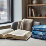Open book and stacked novels on a wooden table with a draped scarf and coat sleeve nearby, photographed in soft natural light to evoke Canadian identity and storytelling.
