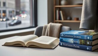 Open book and stacked novels on a wooden table with a draped scarf and coat sleeve nearby, photographed in soft natural light to evoke Canadian identity and storytelling.