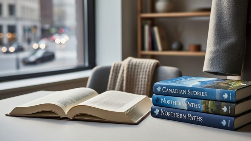 Open book and stacked novels on a wooden table with a draped scarf and coat sleeve nearby, photographed in soft natural light to evoke Canadian identity and storytelling.