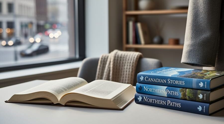 Open book and stacked novels on a wooden table with a draped scarf and coat sleeve nearby, photographed in soft natural light to evoke Canadian identity and storytelling.