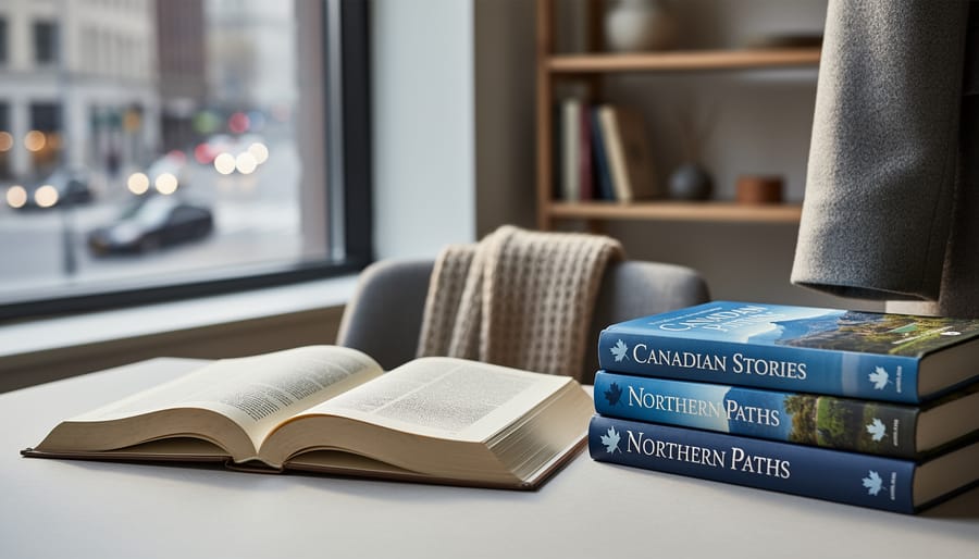 Open book and stacked novels on a wooden table with a draped scarf and coat sleeve nearby, photographed in soft natural light to evoke Canadian identity and storytelling.