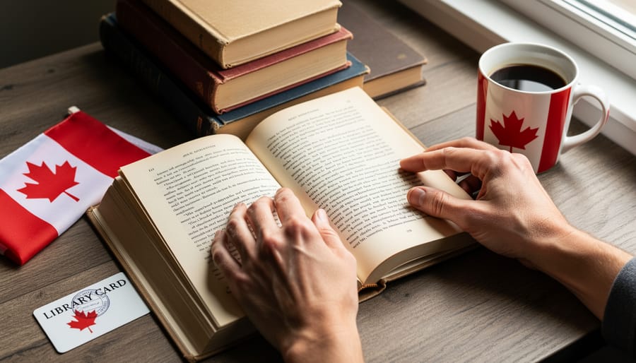 Open book and stacked novels on a wooden table, symbolizing Canadian literature and cultural identity.