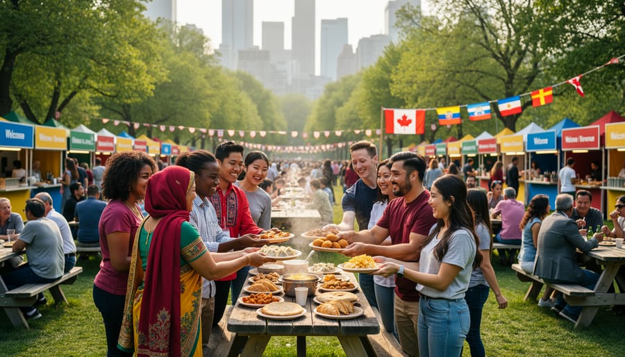 People of different backgrounds enjoying an outdoor multicultural community event in a Canadian park.