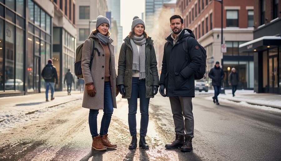 Model wearing a wool coat and scarf on wet city cobblestones near a storefront window display.